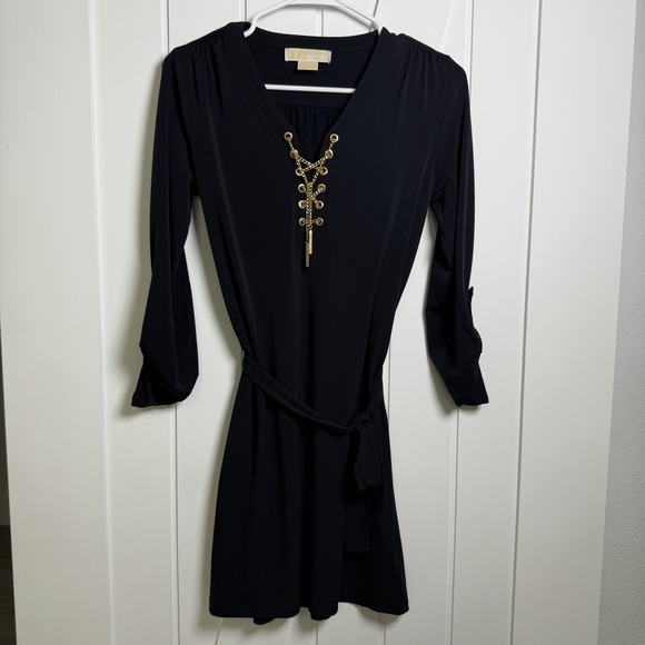 Michael Kors Dresses & Skirts - Michael Kors Black Dress Size Small Gold Chain Accent 3/4 Sleeves Elegant Chic